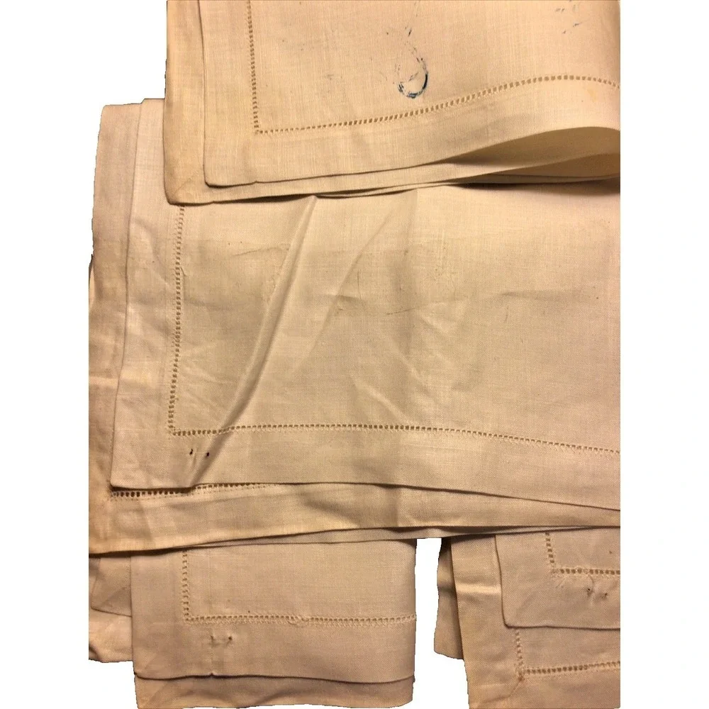 Vtg 100%‎ Linen 5 Napkins Hand Thread Drawn Ireland Tagged EIBAND'S Galveston TX
